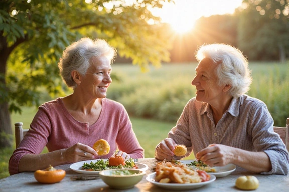 An elderly couple enjoying a light, healthy meal together, symbolizing senior wellness and healthy aging through nutrition.