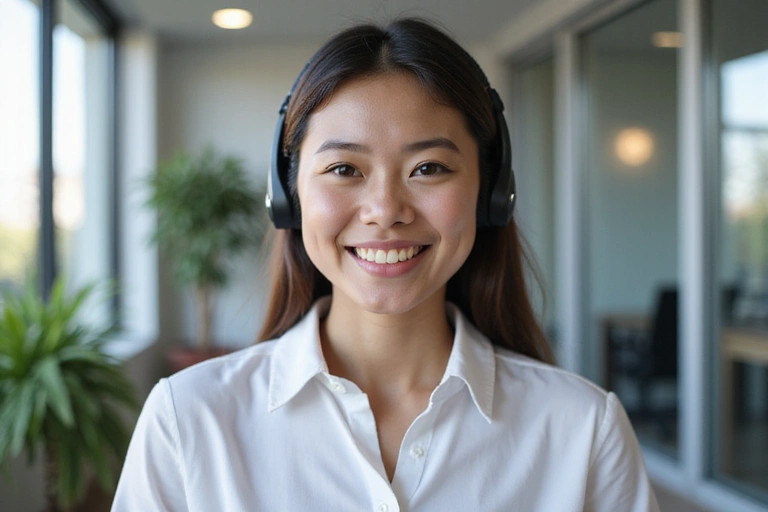 A friendly customer service representative smiling and ready to assist, with a headset on and a clean, modern office background.